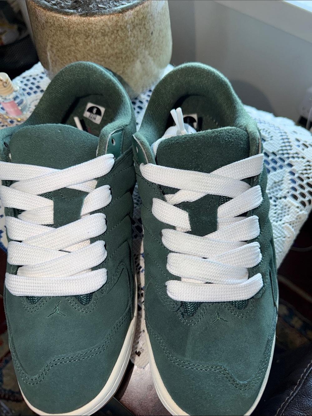Dark Green Suede Low-Top Sneakers with White Laces